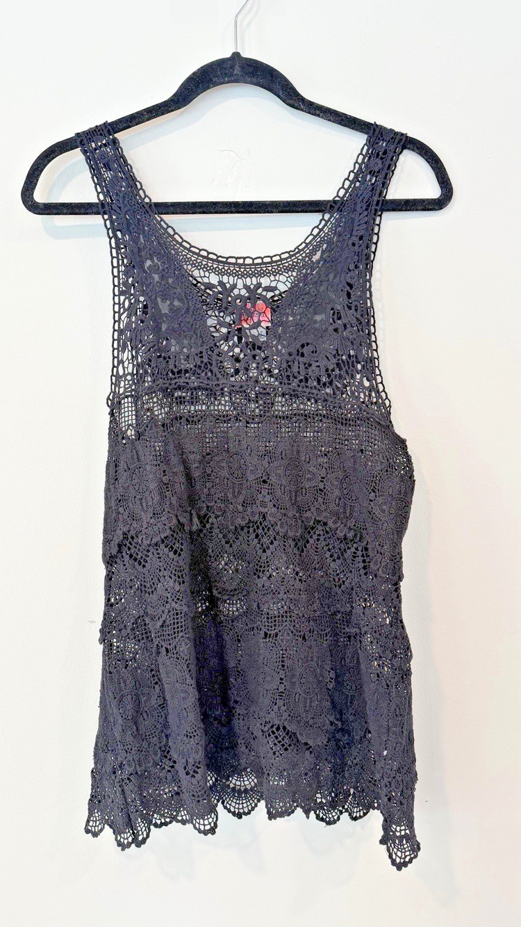 Free People Y2k Lace Macrame Crochet Black Festival Top size XS